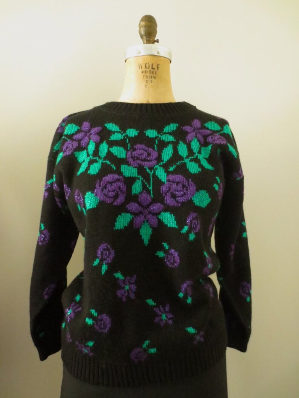 Vintage Grandmacore Rose Pattern Purple & Black Shimmery Sweater